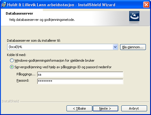 Installere programmet 5. Klikk Neste. Du får frem dette vinduet der du velger databaseserver og tilkoblingsinformasjon til SQL Server. 6.