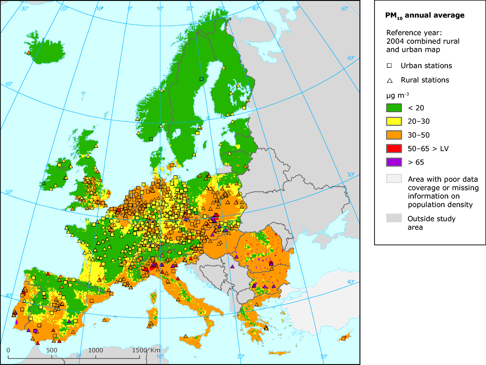 PM 10 konsentrasjonen i Europa i 2004 viser de 36 høyeste daglige