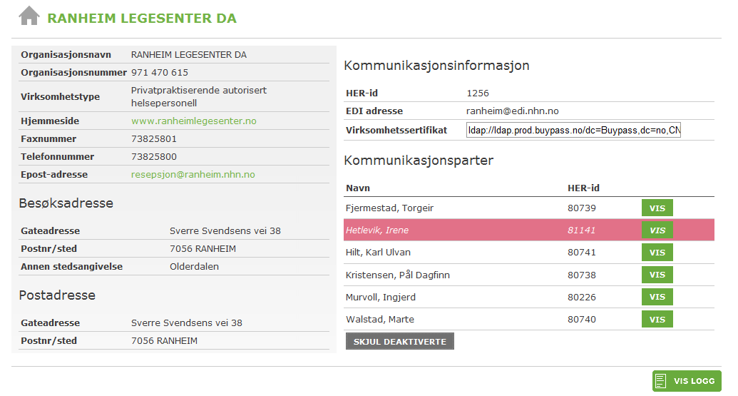 Når ny "Gyldig til"-dato passeres vil ikke kommunikasjonsparten vises lenger. Dersom det er ønskelig å se/endre på deaktiverte kommunikasjonsparter, trykk på knappen inkluderer deaktiverte.