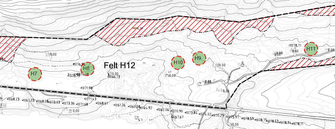Figur 7. Planlagte hytter i Torolmen Nord felt H12. Figur 8. Vurdering av hyttetomter i Torolmen Nord felt H12. Område med spesielt rik vegetasjonen (lilla).