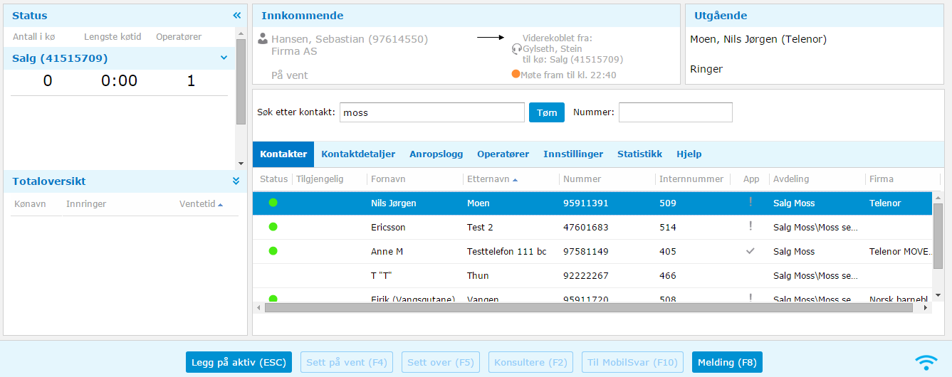 Operatøren ser Nils Jørgen Moen i Moss er ledig (grønt ikon), og ønsker først å spørre (konsultere) om han kan ta imot samtalen fra Sebastian Gylseth (se neste kapittel) 5.3.