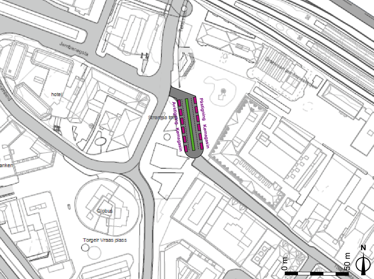 ALTERNATIV 1 Løsningsbeskrivelse Konsekvensvurdering Drosjeholdeplass for av- og påstigning samt kømagasin på Strømsø torg Holdeplassen har kapasitet til 10-12 samtidige drosjer Inn- og utkjøring i