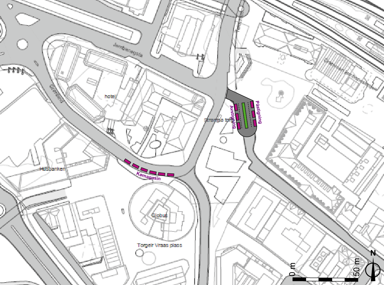 ALTERNATIV 2 Løsningsbeskrivelse Konsekvensvurdering Drosjeholdeplass for av- og påstigning på Strømsø torg Holdeplassen har kapasitet til 6 samtidige drosjer Innkjøring fra kømagasin i Grønland Inn-