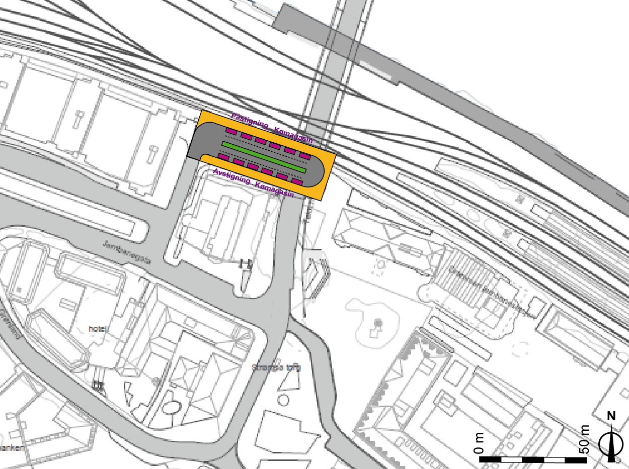 ALTERNATIV 5 Løsningsbeskrivelse Konsekvensvurdering Drosjeholdeplass for av- og påstigning samt kømagasin under Bybrua Holdeplassen har kapasitet til 12 samtidige drosjer Inn- og utkjøring i alle