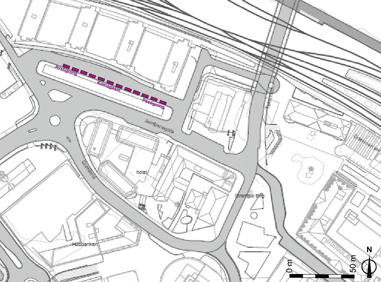 ALTERNATIV 7 Løsningsbeskrivelse Konsekvensvurdering Drosjeholdeplass for av- påstigning samt kømagasin ved dagens kollektiv terminal på Strømsø Holdeplassen har kapasitet til 12 samtidige drosjer