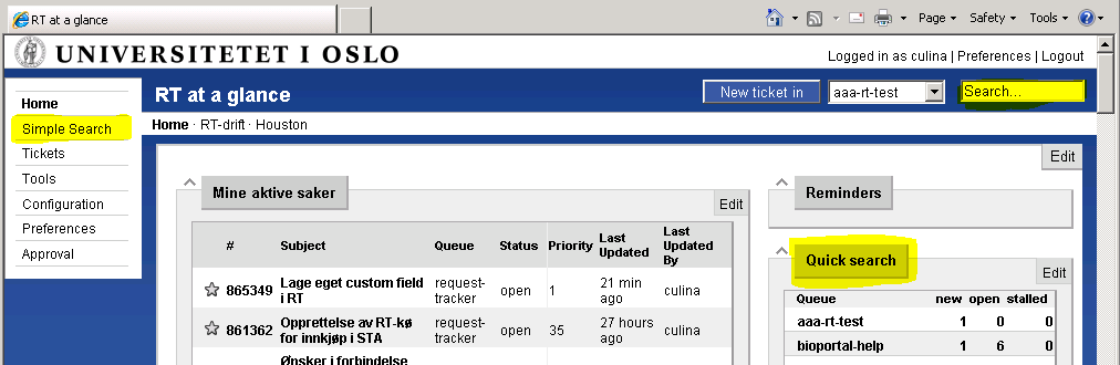 Søk etter tickets 3 raske søk Simple Search (x 2) Quick search