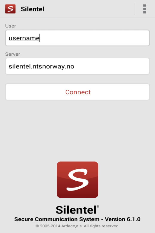 3. Start applikasjonen og angi Username samt Silentel server som du har mottatt enten pr e- post fra Seccom