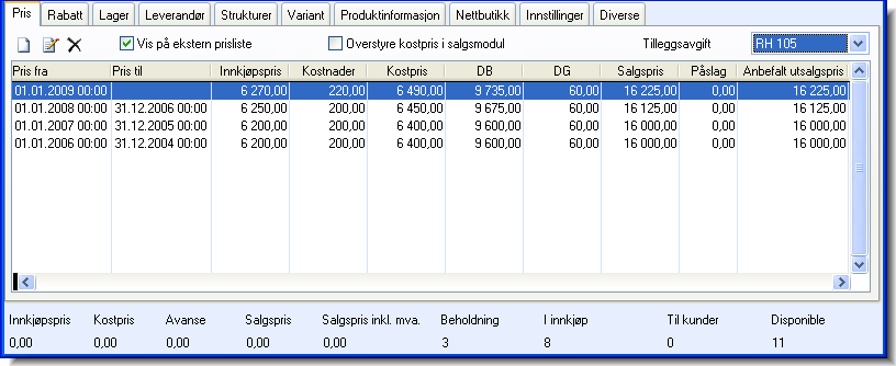 TILLEGGSAVGIFTER (MILJØAVGIFTER) 3..Legg til eller rediger grupper av tilleggsavgifter. Dette gjør du i firmainnstillingene for produkt, i fanekortet Prishåndtering og knappen Tilleggsavgift.