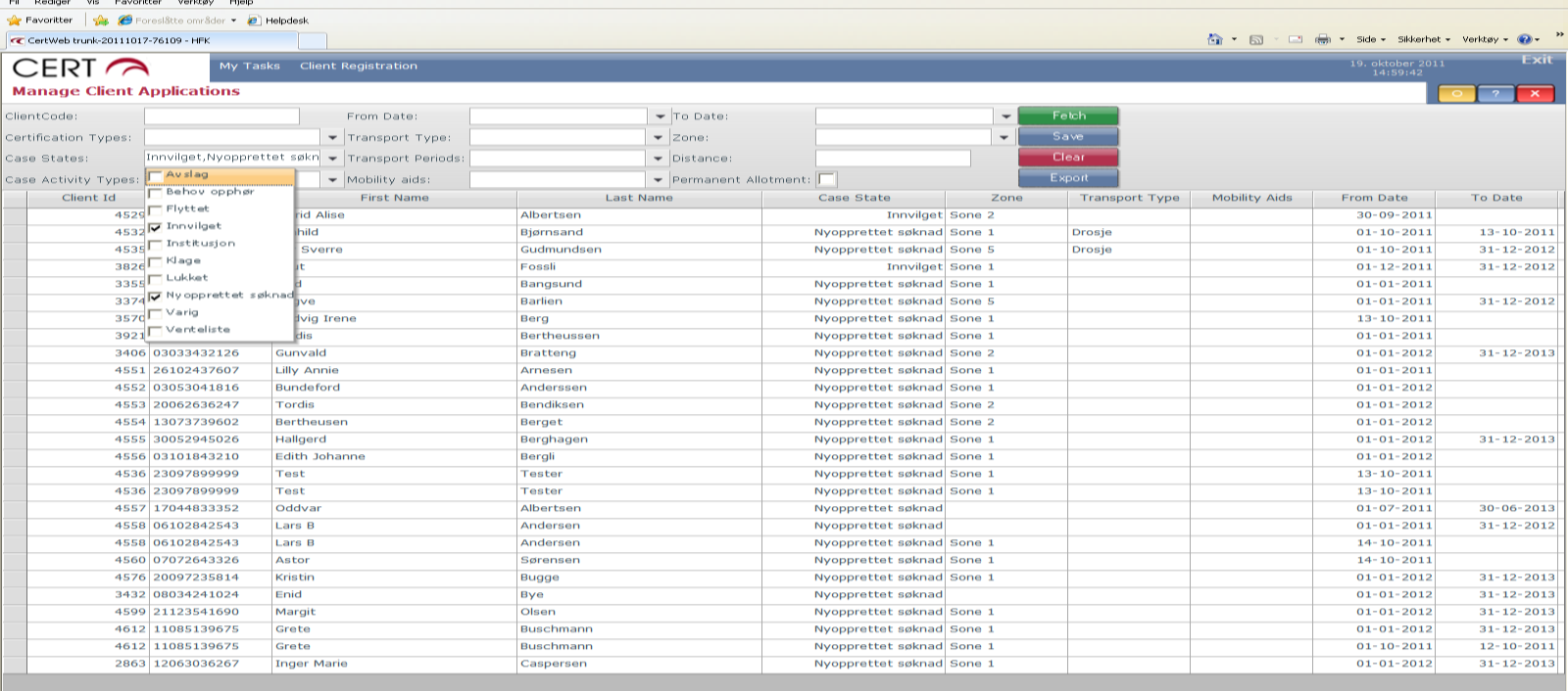 Skjermbildet ovenfor viser at saksbehandler kan kategorisere brukere i ulike soner, saksstatuser, transportperioder, hjelpemidler osv. Henteknapp: Her kan saksbehandler hente eksisterende søknader.