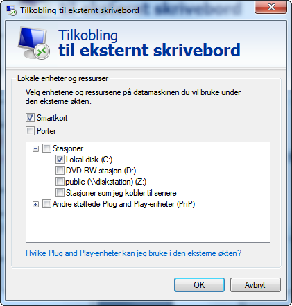 Lokale disker Du kan også få tilgang til lokale disker. Dette må da settes opp ved tilkobling. Klikk på arkfanen [Lokale ressurser], og deretter på knappen [Mer].