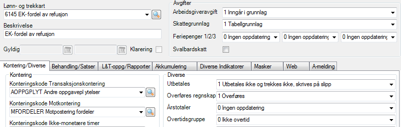 Under fanen Diverse indikatorer skal arten ha verdi 2 (refusjon privat abonnement) i feltet Forbruk el.komm I tillegg må du velge de felt som skal være mulig å registrere under fanen Masker.