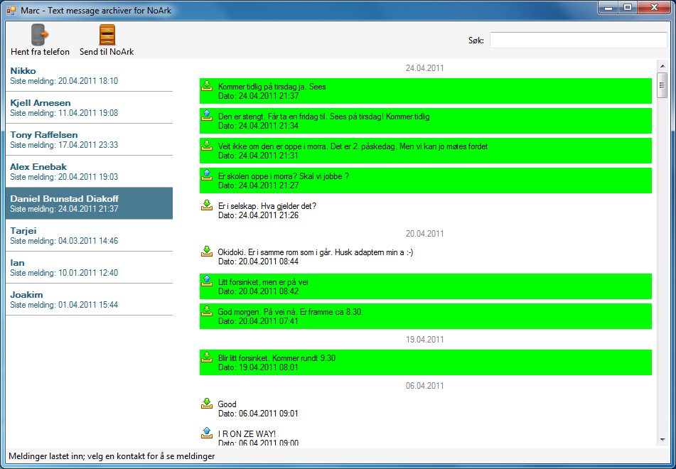 Brukerveiledning Marc Kapittel 25: Brukerveiledning Figur 25.8: Liste over kontakter Figur 25.9: Meldinger assosiert med valgt kontakt Du må nå tillate programmet å jobbe seg gjennom meldingene.