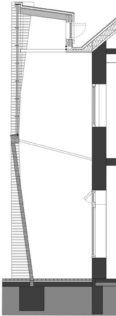 Norsk Murdag 2014 - Landsbyhuset i Randaberg Spenstig teglfasade Side 2 av 13 Konstruksjon: Nytt tilbygg med halvklimatisert atrium Grunnflate L B = 21,5 m 2,8 m Fasadehøyde H = 7,9 m (105 skift)