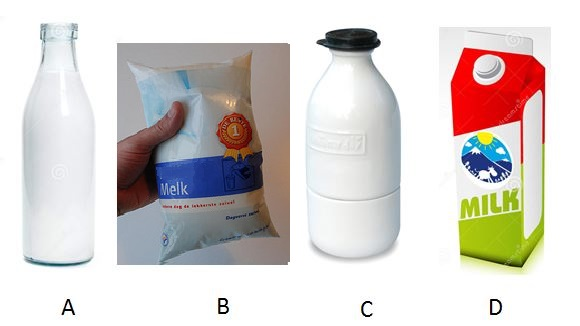 Oppgave 1 Siden 1970 kom 1 liter melk i ulike typer emballasjer. 1. Hva er fordeler og ulemper fra de ulike emballasjene? 2. Hvilken emballasje anbefaler du til TINE (meieriprodukter)? 3.