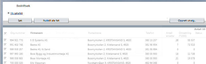 OPPRETTE ET STAT ISK UTVALG FRA BUSINESS SEARCH SØKE OPP KONTAKTER Klikk på Business Search i menylinjen til venstre i SuperOffice. Velg fanen Søk i SuperOffice for å opprette utvalg.