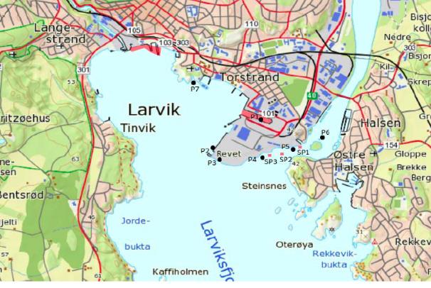 Kilde: rapport fra Larvik havn. Utløpet av Lågen: Resultatet fra tre sedimentprøver viser PAH i kl V (meget sterkt forurenset) i en av prøvene innerst i vika.