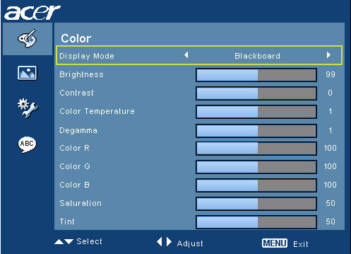 12 Fargeinnstilling Display Mode Brightness Det er mange fabrikkforhåndsinnstillinger som er optimalisert for forskjellige bildetyper. Bright: For optimalisering av lysstyrke.