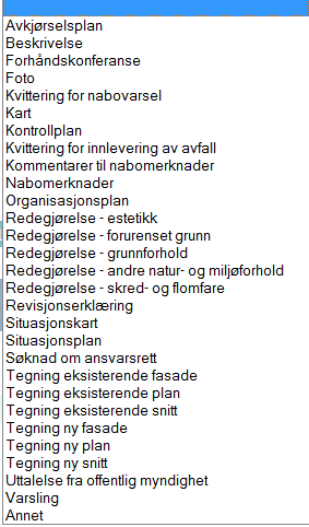 HUGS: Alle vedlegg skal leggjast til kvar for seg! Vel frå rullegardina. Bruk «Annet» om du ikkje finn noko som stemmer og forklar i kommentarfeltet.