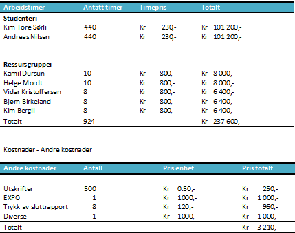 5 Resursrammer og økonomi 5.1 Økonomi Timeprisene er ført opp som fiktive tall Kostnader lønn og honorarer 5.