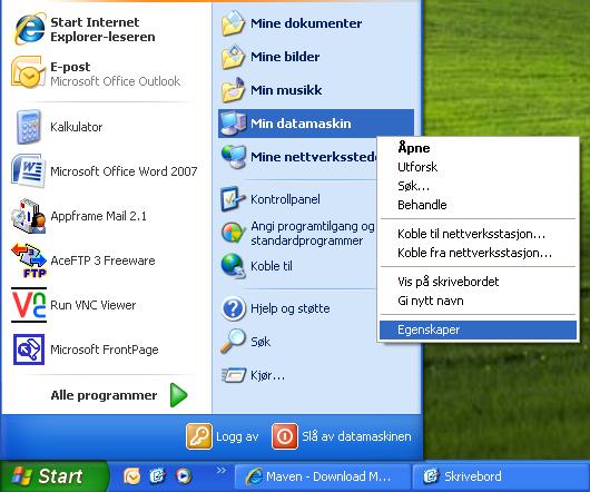 Windows XP: Windows-symbolet er erstattet med Start-menyen, og Datamaskin med Min datamaskin, ellers tilsvarende.