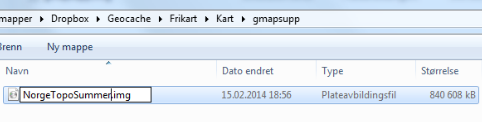 8. Ferdig utpakket. Fra der vi står er det nå laget en mappe som heter gmapsupp. Gå inn i den mappen så finner du den filen vi skal bruke. 9. Forandre navn.