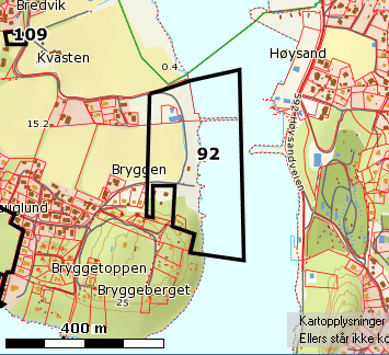 Planforslag n.92 - Bryggen/Høysand Vurdert i rapport om småbåtanlegg LNF, småbåthavn, vannareal for allmenn flerbruk Samferdselsanlegg og teknisk infrastruktur (småbåthavn ca.