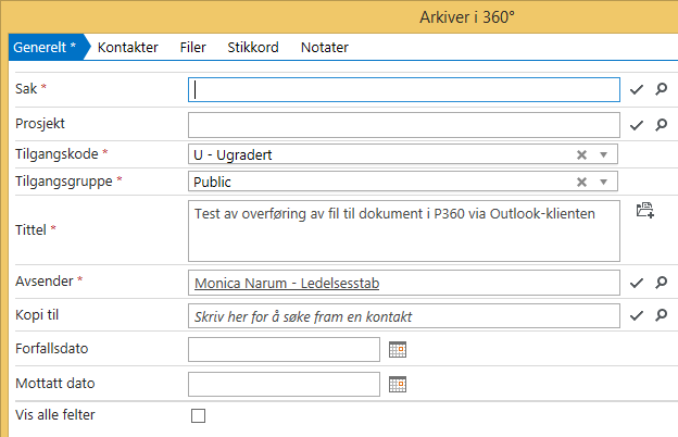 Nå får du opp et registreringsbilde for saksdokument hvor mye er forhånds-utfylt direkte fra eposten du importerte. Se til at alle felter merket med rød stjerne * fylles ut.