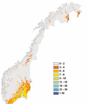 Døgnmiddeltemperatur og vekstsesong Antall dager med døgnmiddeltemperatur over 2 C i perioden 221 5 Kart over lengden