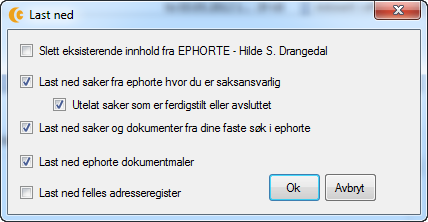 Kryss av hvilke informasjon du ønsker å laste ned og klikk OK Dersom du har lastet ned tidligere, vil eksisterende innhold i Outlook bli oppdatert.