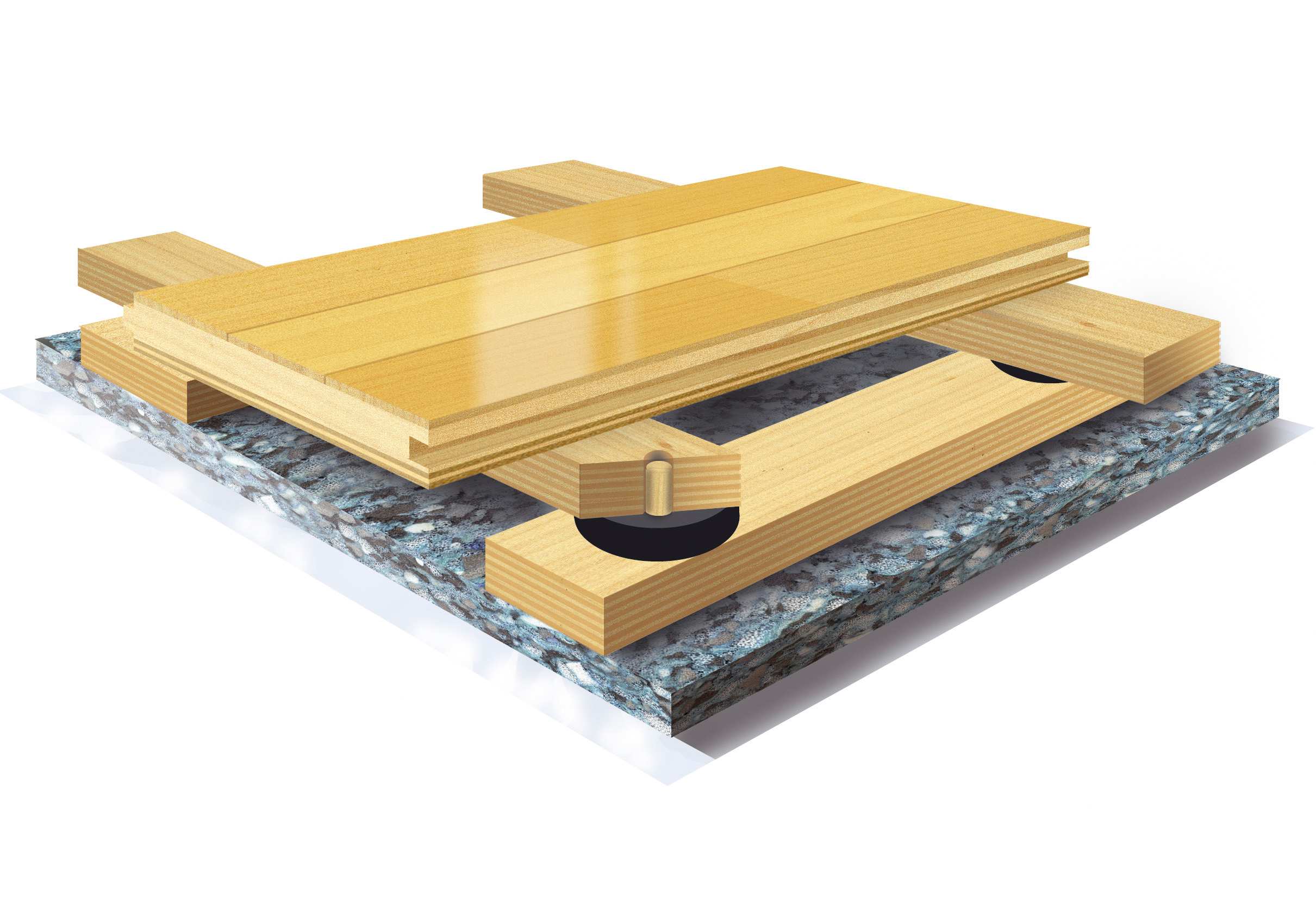 Module fixed to double battens with pins through a 10 mm thick elastomer pad, double battens grid crossed every 280 mm. 22 mm multilayer floor surface preassembled in a press.
