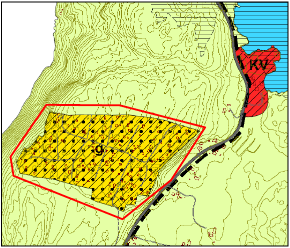 Figur11. Utsitt av kommuneplanens arealdel for Ellingstadåsen. Registreringsområdet er avgrenset med rødt.
