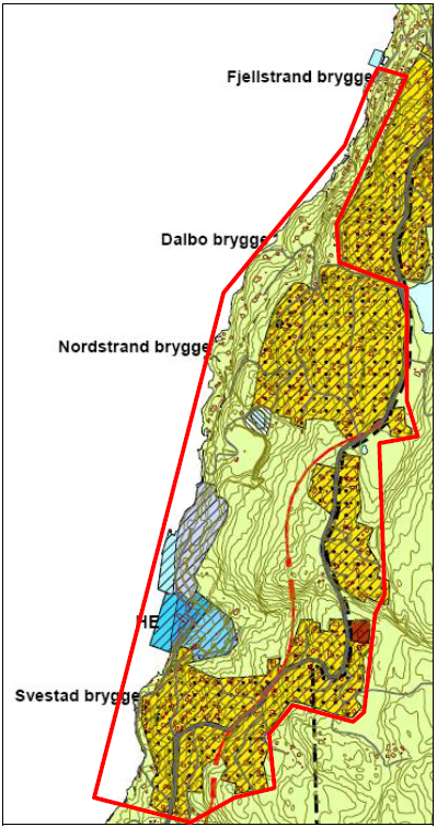 Figur12. Utsitt av kommuneplanens arealdel for Svestad og Nordstrand. Registreringsområdet er avgrenset med rødt. Området bør bygges ut med offentlig VA-ledningsnett.