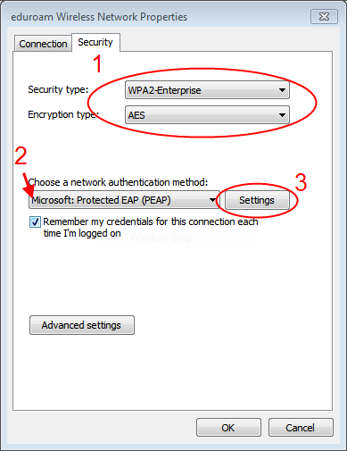 1. Sjekk at Sikkerhetstype er WPA2-Enterprise og Krypteringstype er AES. 2. Sjekk at Godkjenningsmetode er Beskyttet EAP (PEAP). 3. Klikk på Innstillinger.
