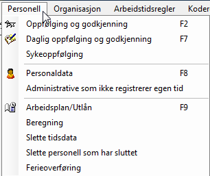 Personell Under menyen personell finner du følgende valg: Oppfølging og godkjenning Oppfølging og godkjenning er bygget opp med to innfallsvinkler til å løse brukerens oppgaver.