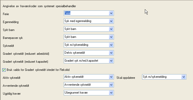 Systeminnstillinger fraværskoder I dette skjermbildet defineres de kodene som systemet spesialbehandler. Velg korrekt fraværskode fra nedtrekkslisten ut fra de forskjellige kodene.