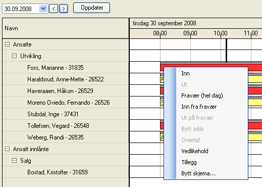 I daglig oppfølging og godkjenning har skiftlederen mulighet til å: - registrere de ansatte inn/ut - inn/ut fra fravær - heldagsfravær - bytt jobb (registrere for en eller flere samtidig) - bytt