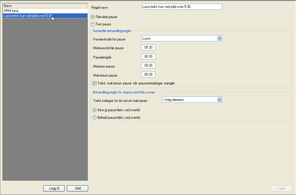 Velg legg til å opprette en ny pauseregel. Fyll inn regel navn og eventuelt om det skal være fleksibel pause eller fast pause.