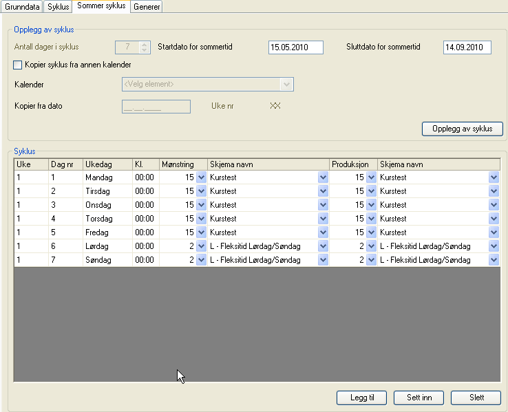 Sommersyklus Benytter bedriften sommertid, dvs kortere arbeidstid på sommeren, er det nødvendig å definere sommersyklus i kalenderen.