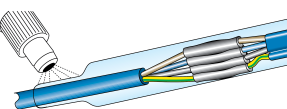 3. Før den yttre krympehylsen over kabelen, samt de fi re mindre hylsene over de fi re lederne. 4. Kontaktpress skjøtehylsene med tangen på den fl ate kabelen. 5.