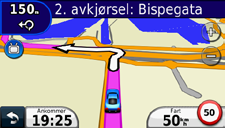 Følge ruten Ruten er merket med en magentafarget linje. Underveis vil nüvi-enheten vise veien til bestemmelsesstedet ved hjelp av talemeldinger, piler på kartet og kjøreanvisninger øverst på kartet.