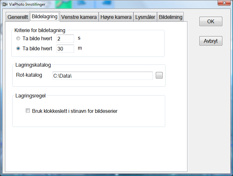 3.2 Bildelagring Figur 11 Innstillinger for bildelagring 3.2.1 Kriterium for bildetagning Man kan velge å ta bilde på tidsintervaller eller på avstandsintervaller.