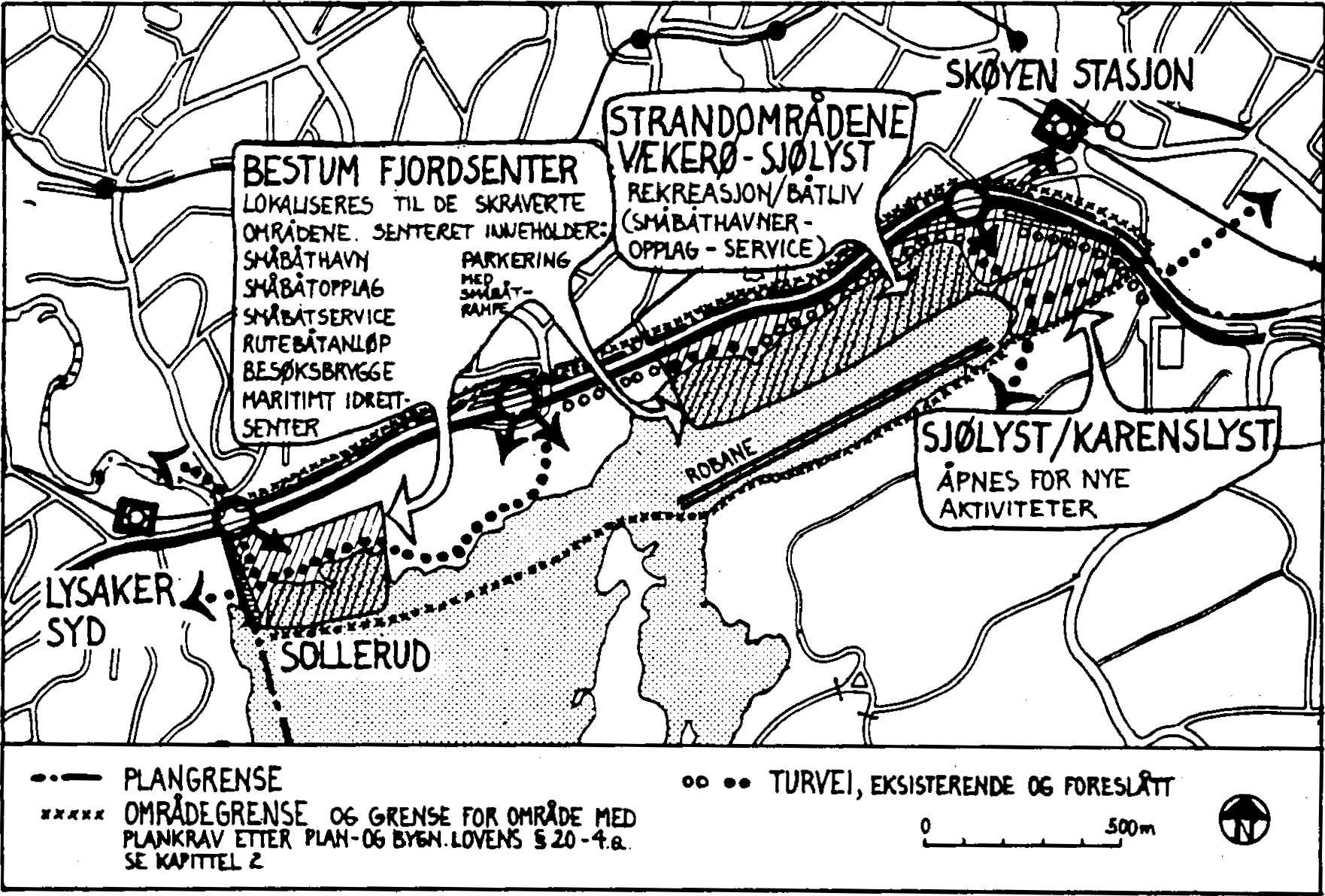 4.1 OMRÅDE 1: SOLLERUD - BESTUMKILEN - SJØLYST. INNENFOR OMRÅDET TILRETTELEGGES FOR REKREASJON MED, SÆRLIG VEKT PÅ MARITIM IDRETT OG SERVICE FOR SMABÅTLIVET, "BESTUM FJORDSENTER".