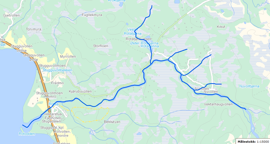 7.1.5 Rotåa østre, nedre del Figur 15. Rotåa østre. Definisjon av vannforekomsten i Vann-nett. (Kartgrunnlag: http://vannnett.nve.no/).