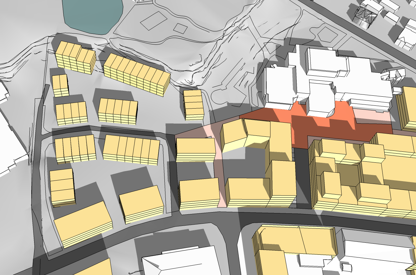 Planforslaget (maks. 5/4 etasjer) Planforslaget som har ligget ute til offentlig ettersyn åpner for maksimumshøyder på 16m og 13m i begge feltene.