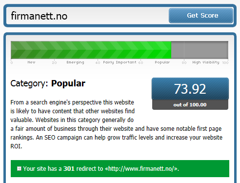 Generell synlighet (pagerank) En god start er å sjekke den generelle synligheten på siden.