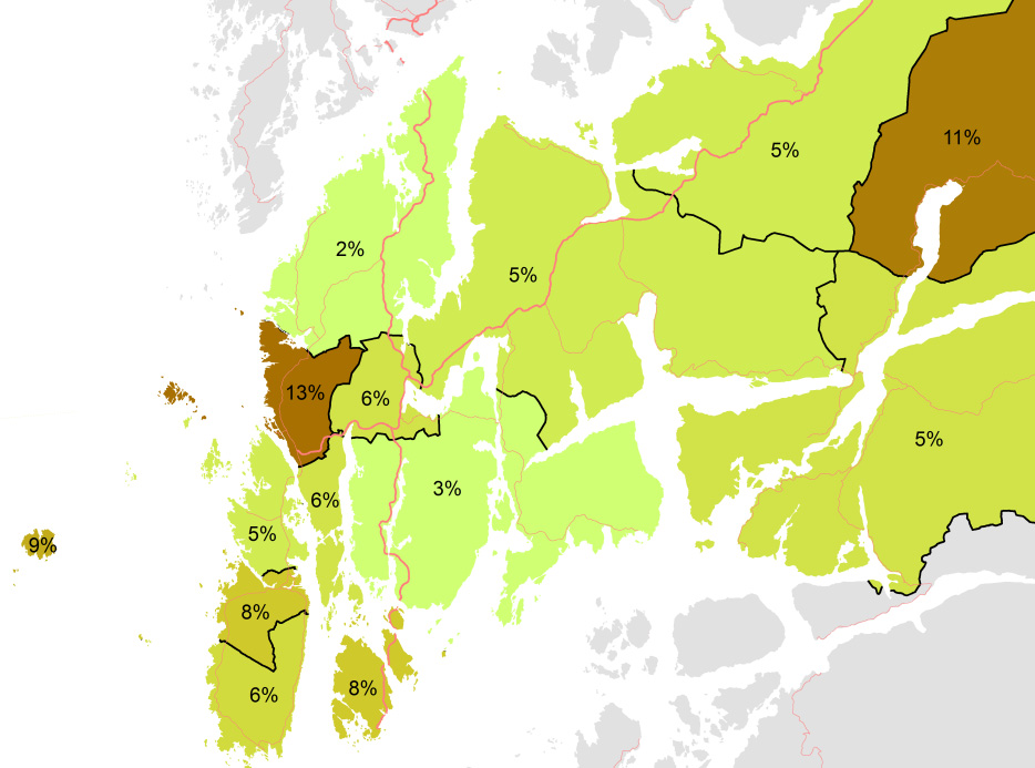 gjennomsnittsdag. Samlet snitt for Haugalandet ligger på 8 %, og som det går fram av Figur 24, er andelen høyest i Haugesund kommune og bydelen Gard - Solvang.