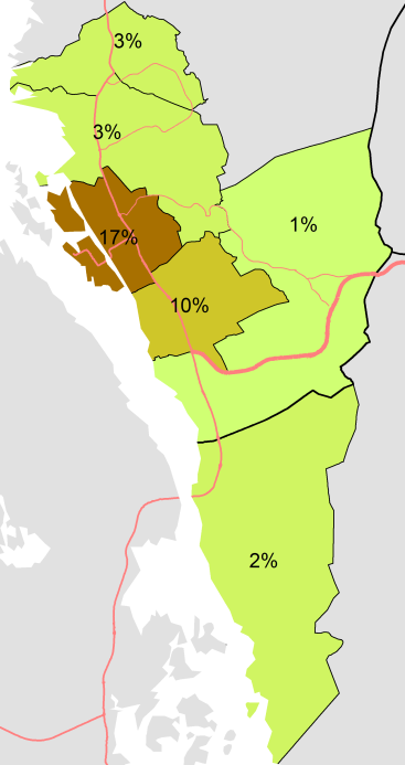 7.2.3 Sykkel Andel daglige sykkelbrukere for arbeidsreisen ligger på 6 % for hele Haugalandet. Andelen er høyest i Haugesund og Utsira (12-13 %).