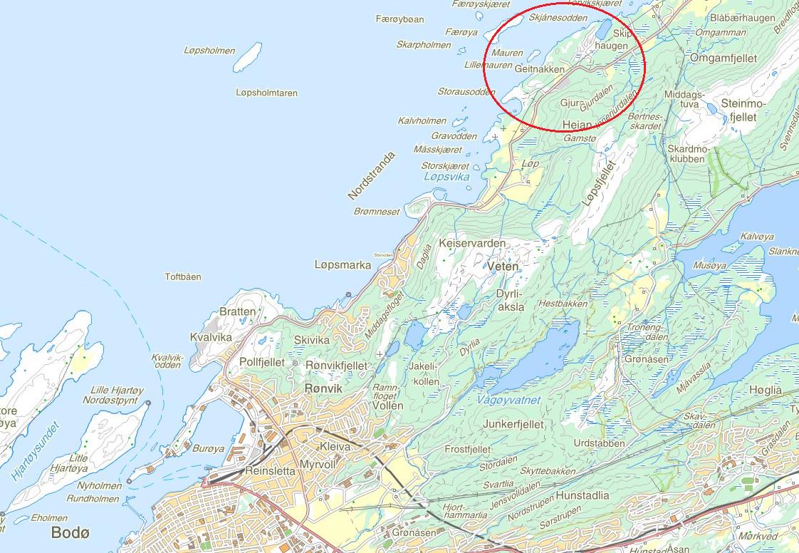 5 Beskrivelse av planområdet og eksisterende forhold 5.1 Beliggenhet Planområdet ligger ca. 13 km nordøst for Bodø på Nordsia slik det framgår av rød sirkel i figur nedenfor. Oversiktskart.