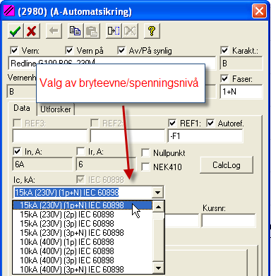 Valg av bryteevne og spenningsnivå I vernbildet kan bryteevne og spenningsnivå velges blant definerte verdier: Nedtrekksboksen viser spenning og tilhørende bryteevne oppgitt av leverandør.