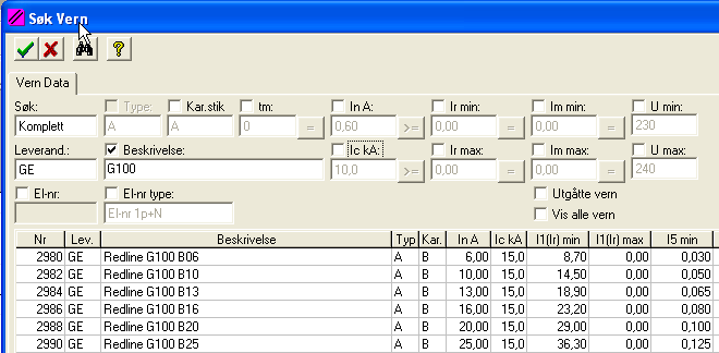 Søk på vern Ic og spenningsnivå Søke etter vern er endret for å finne vern med ønsket bryteevne/spenningsnivå.